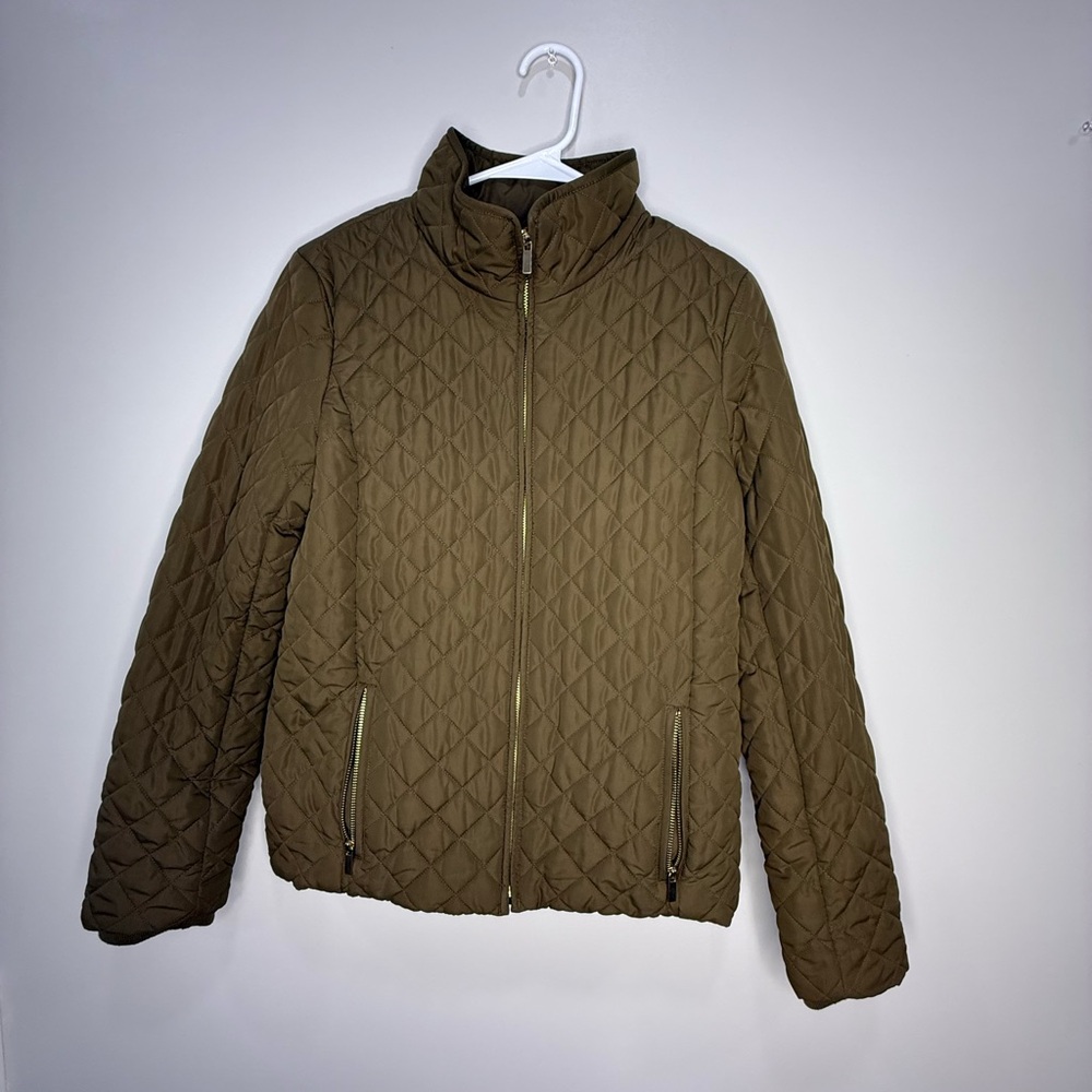 J Crew M. Green  Quilted Puffer Zip Front High Neck Jacket 2 Zip Pockets